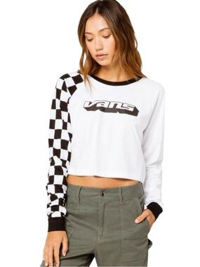 Vans White Cropped Long Sleeve Top with Black Checkerboard Sleeve